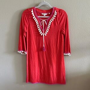 Boden Red Top with White Pom Poms and pink trim